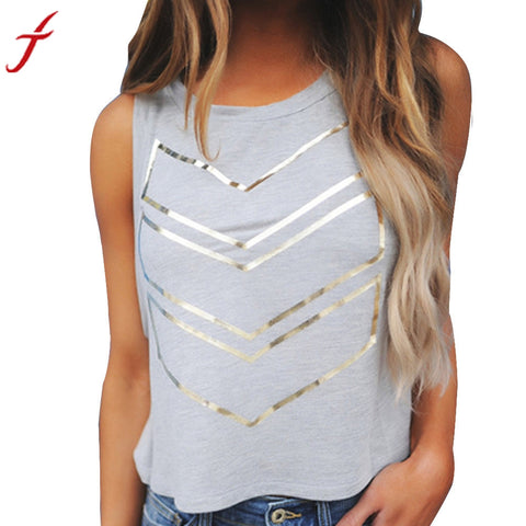 New Fashion Gray T-Shirt 2017 Summer Women Lady crop top Geometric Printing Sleeveless Cotton cropped feminino